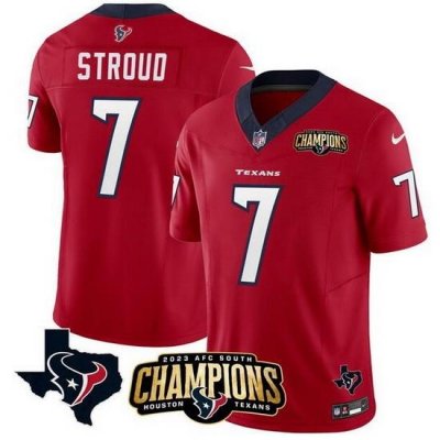 Men Houston Texans 7 C J  Stroud Red 2023 F U S E  AFC South Champions Patch And Team Logo Patch Vapor Untouchable Limited Stitched Football Jersey