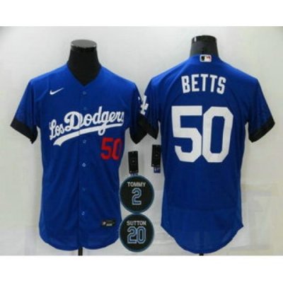 Men Los Angeles Dodgers 50 Mookie Betts Blue 2 20 Patch City Connect Flex Base Stitched Jersey