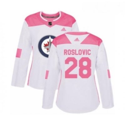 Womens Adidas Winnipeg Jets 28 Jack Roslovic Authentic White Pink Fashion NHL Jersey