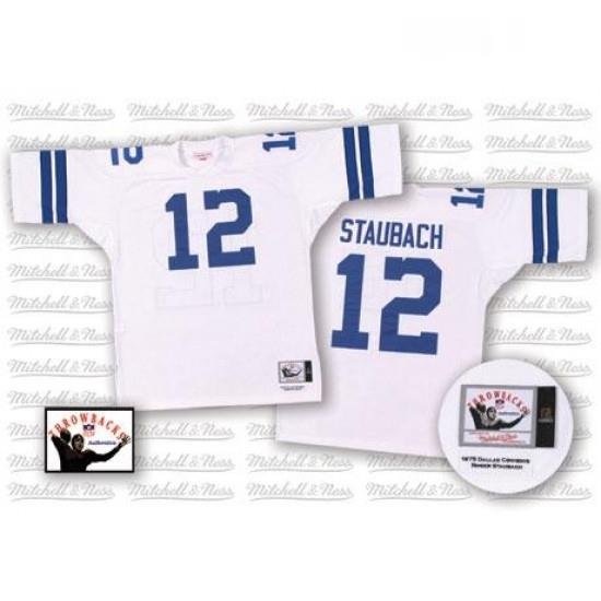 Mitchell and Ness Dallas Cowboys 12 Roger Staubach Authentic White Throwback NFL Jersey