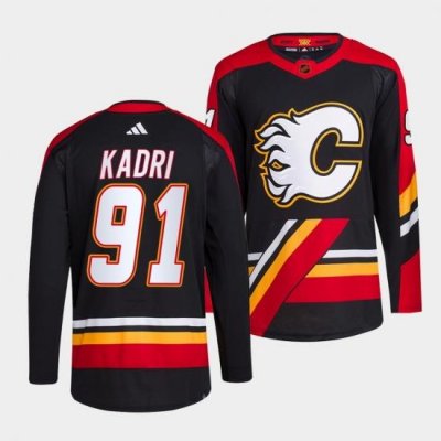 Men Calgary Flames 91 Nazem Kadri Black 2022 23 Reverse Retro Stitched Jersey