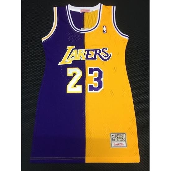 Women Los Angeles Lakers 23 Lebron James Dress Stitched Jersey Yellow Purple Split