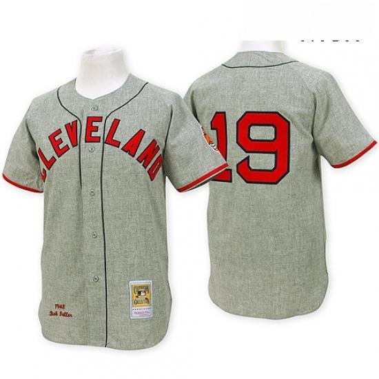 Mens Mitchell and Ness Cleveland Indians 19 Bob Feller Replica Grey Throwback MLB Jersey