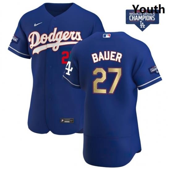 Youth Los Angeles Dodgers Trevor Bauer 27 Gold Program Designed Edition Blue Flex Base Stitched Jersey