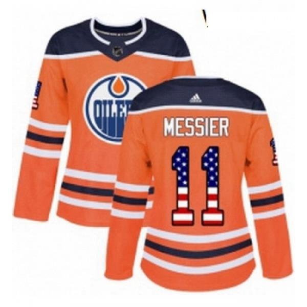 Womens Adidas Edmonton Oilers 11 Mark Messier Authentic Orange USA Flag Fashion NHL Jersey