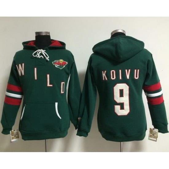 Minnesota Wild 9 Mikko Koivu Green Women Old Time Heidi NHL Hoodie