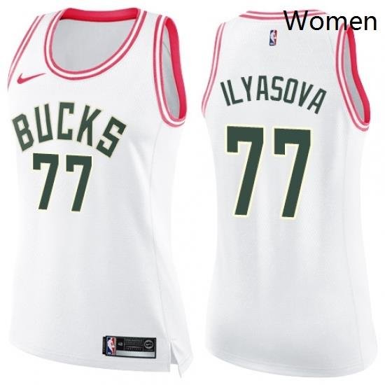 Womens Nike Milwaukee Bucks 77 Ersan Ilyasova Swingman White Pink Fashion NBA Jersey