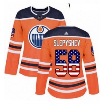 Womens Adidas Edmonton Oilers 58 Anton Slepyshev Authentic Orange USA Flag Fashion NHL Jersey