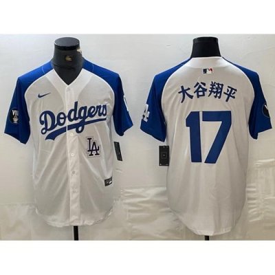 Men Los Angeles Dodgers 17 Shohei Ohtani White Blue Vin Patch Cool Base Stitched Baseball Jersey 7