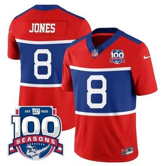 Men New York Giants 8 Daniel Jones Century Red 100TH Season Commemorative Patch Limited Stitched Football Jersey