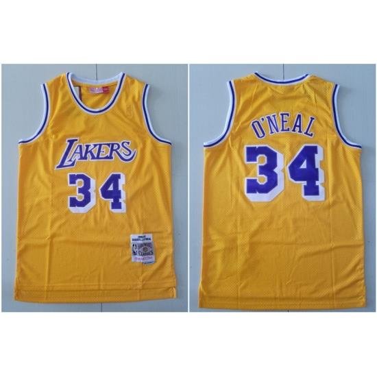 Lakers 34 Shaquille O Neal Yellow 1996 97 Hardwood Classics Jersey