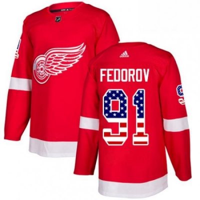 Mens Adidas Detroit Red Wings 91 Sergei Fedorov Authentic Red USA Flag Fashion NHL Jersey