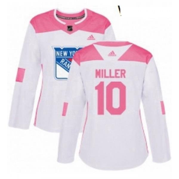 Womens Adidas New York Rangers 10 JT Miller Authentic WhitePink Fashion NHL Jersey