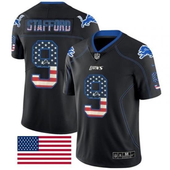 Nike Lions #9 Matthew Stafford Black Mens Stitched NFL Limited Rush USA Flag Jersey