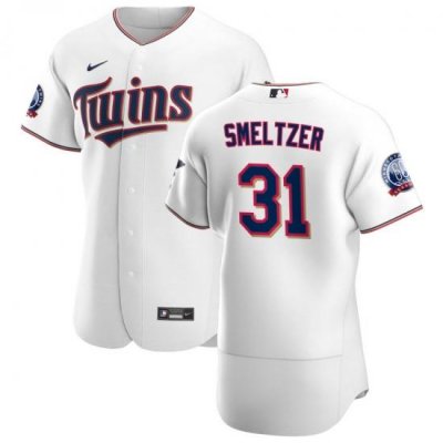 Men Minnesota TWins 31 Devin Smeltzer Men Nike White Home 2020 60th Season Flex Base Team MLB Jersey