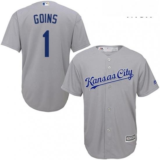 Mens Majestic Kansas City Royals 1 Ryan Goins Replica Grey Road Cool Base MLB Jersey