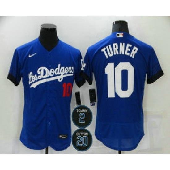 Men Los Angeles Dodgers 10 Justin Turner Blue 2 20 Patch City Connect Flex Base Stitched Jersey