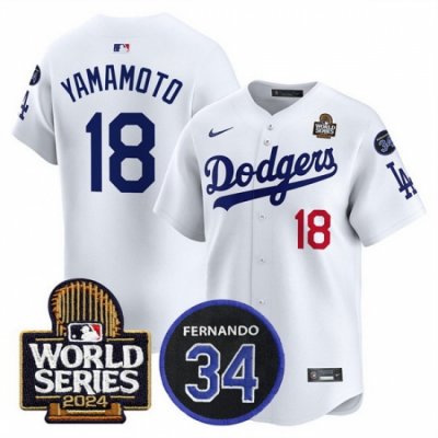 Men Los Angeles Dodgers 18 Yoshinobu Yamamoto White 2024 World Series With Fernando Memorial Patch Limited Stitched Baseball Jersey