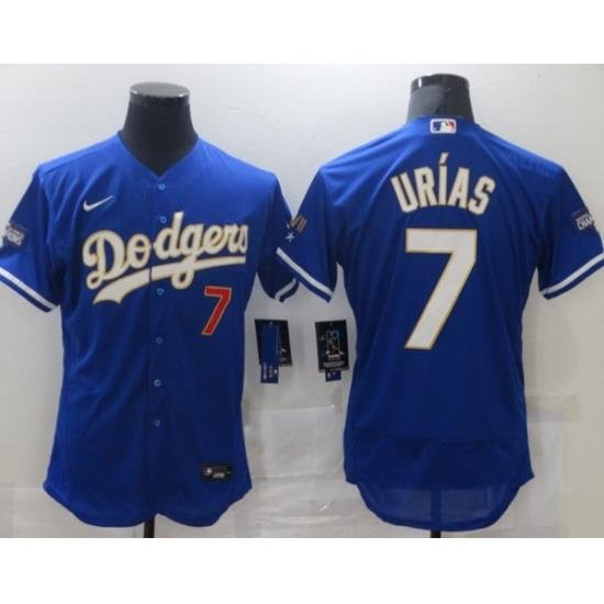 Men Los Angeles Dodgers Julio Urias 7 Championship Gold Trim Blue Limited All Stitched Flex Base Jersey