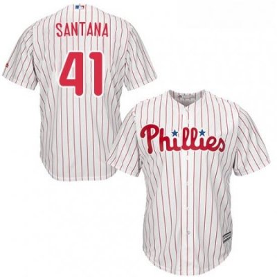 Youth Majestic Philadelphia Phillies 41 Carlos Santana Authentic WhiteRed Strip Home Cool Base MLB Jersey