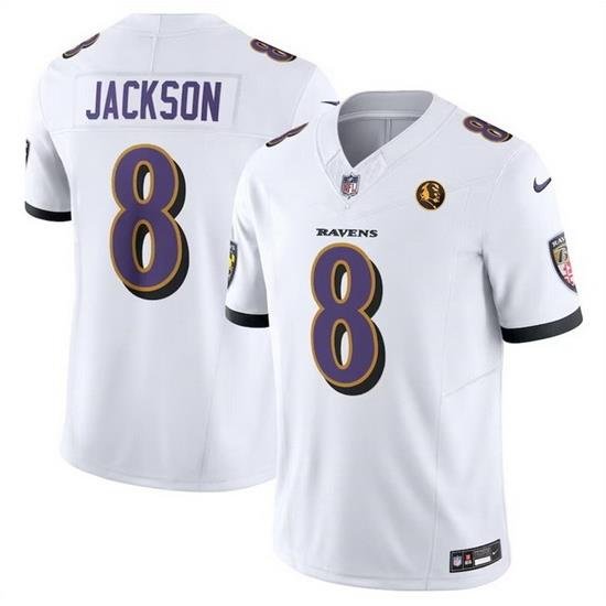 Men Baltimore Ravens 8 Lamar Jackson White 2023 F U S E  With John Madden Patch Vapor Limited Football Jersey