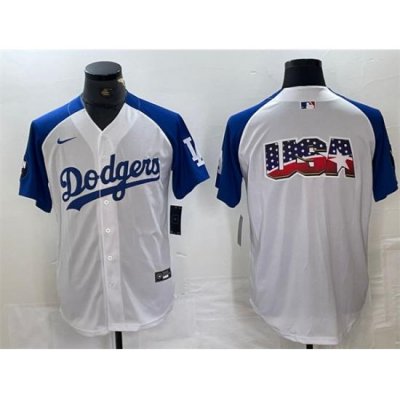 Men Los Angeles Dodgers Team Big Logo White Blue Vin Patch Cool Base Stitched Baseball Jersey 4