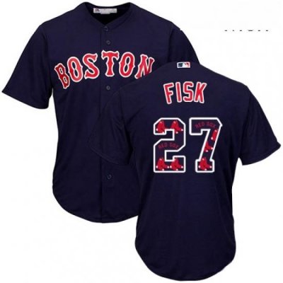 Mens Majestic Boston Red Sox 27 Carlton Fisk Authentic Navy Blue Team Logo Fashion Cool Base MLB Jersey