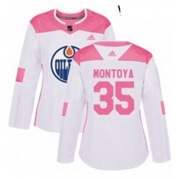 Womens Adidas Edmonton Oilers 35 Al Montoya Authentic White Pink Fashion NHL Jersey