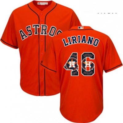 Mens Majestic Houston Astros 46 Francisco Liriano Authentic Orange Team Logo Fashion Cool Base MLB Jersey