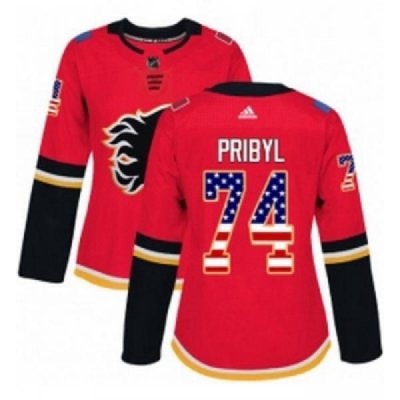 Womens Adidas Calgary Flames 74 Daniel Pribyl Authentic Red USA Flag Fashion NHL Jersey