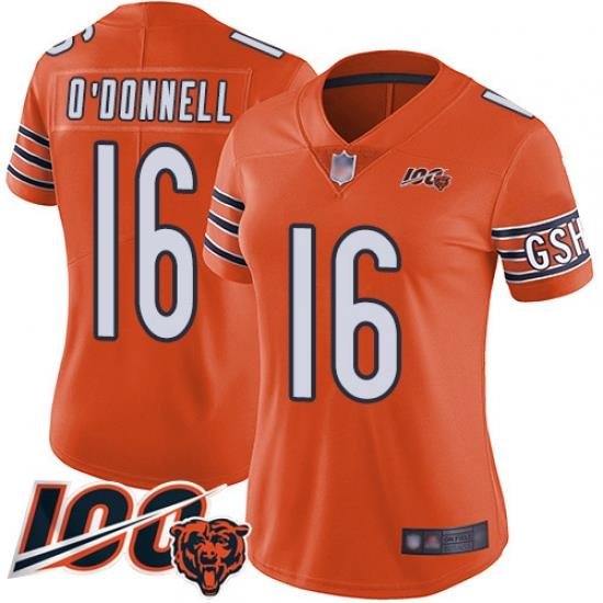 Women Chicago Bears 16 Pat ODonnell Orange Alternate 100th Season Limited Football Jersey