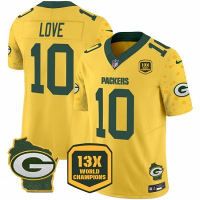 Men Green Bay Packers 10 Jordan Love Cheese Gold 2024 F U S E  13 Time World Champions And Home Patch Vapor Untouchable Limited Stitched Football Jersey