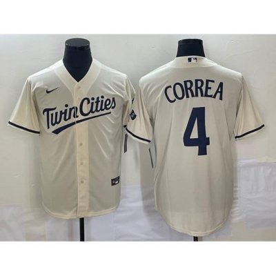 Men's Minnesota TWins #4 Carlos Correa Cream 2022 City Connect Cool Base Stitched Jersey