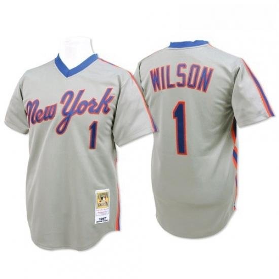 Mens Mitchell and Ness NeW York Mets 1 Mookie Wilson Replica Grey ThroWback MLB Jersey