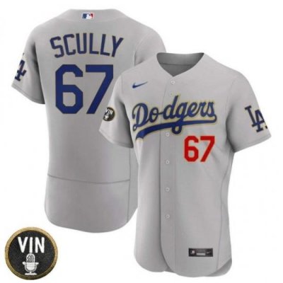 Men Los Angeles Dodgers 67 Vin Scully 2022 Grey Vin Scully Patch Flex Base Stitched Baseball Jersey