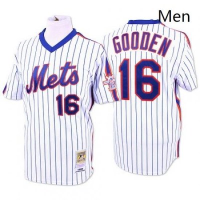 Mens Mitchell and Ness NeW York Mets 16 DWight Gooden Authentic WhiteBlue Strip ThroWback MLB Jersey