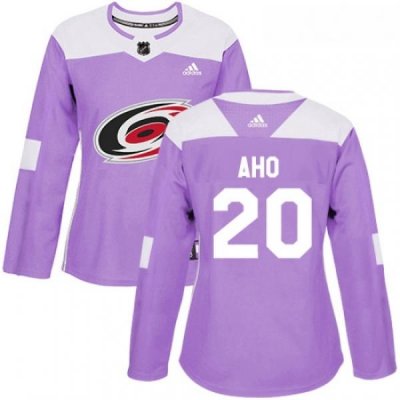 Womens Adidas Carolina Hurricanes 20 Sebastian Aho Authentic Purple Fights Cancer Practice NHL Jersey