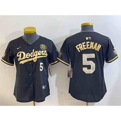 Women Los Angeles Dodgers 5 Freddie Freeman Black 1 Gold 2024 World Series With Fernando Memorial Patch Limited Stitched Baseball Jersey