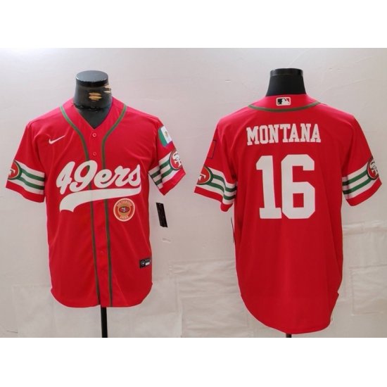 Men San Francisco 49ers 16 Joe Montana Red With Patch Cool Base Stitched Baseball Jersey 2