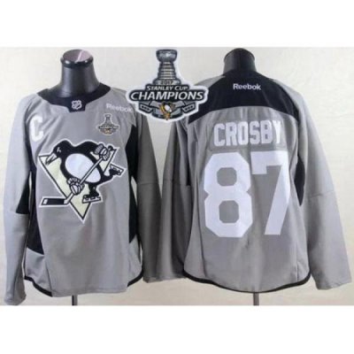 Penguins #87 Sidney Crosby Grey Practice 2017 Stanley Cup Finals Champions Stitched NHL Jersey