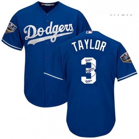 Mens Majestic Los Angeles Dodgers 3 Chris Taylor Authentic Royal Blue Team Logo Fashion Cool Base 2018 World Series MLB Jersey