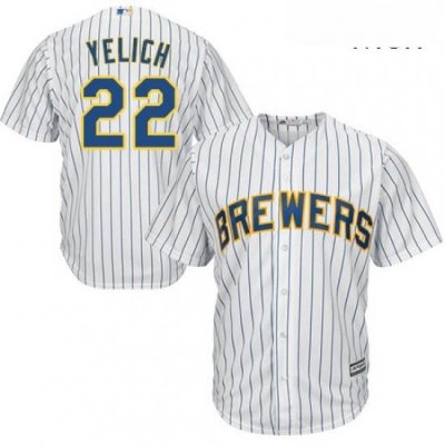 Mens Milwaukee Brewers 22 Christian Yelich WhiteBlue Strip New Cool Base Stitched MLB Jersey