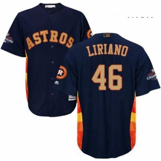 Mens Majestic Houston Astros 46 Francisco Liriano Replica Navy Blue Alternate 2018 Gold Program Cool Base MLB Jersey