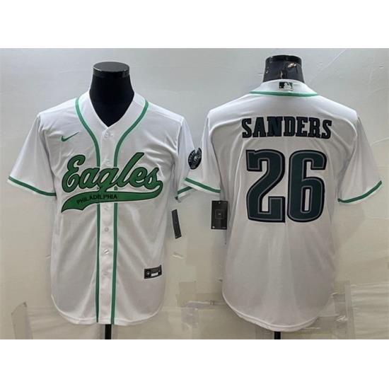 Men Philadelphia Eagles 26 Miles Sanders White With Patch Cool Base Stitched Baseball Jersey