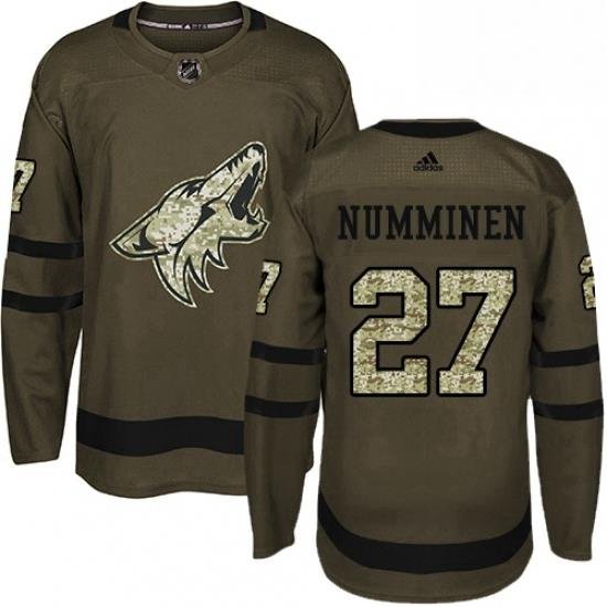 Mens Adidas Arizona Coyotes 27 Teppo Numminen Authentic Green Salute to Service NHL Jersey