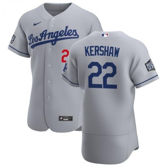 Men Los Angeles Dodgers 22 Clayton KershaW Men Nike Gray Road 2020 World Series Bound Flex Base Team MLB Jersey