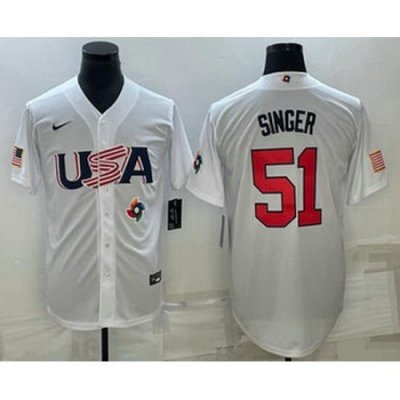 Men's USA Baseball #51 Brady Singer 2023 White World Baseball Classic Stitched Jersey