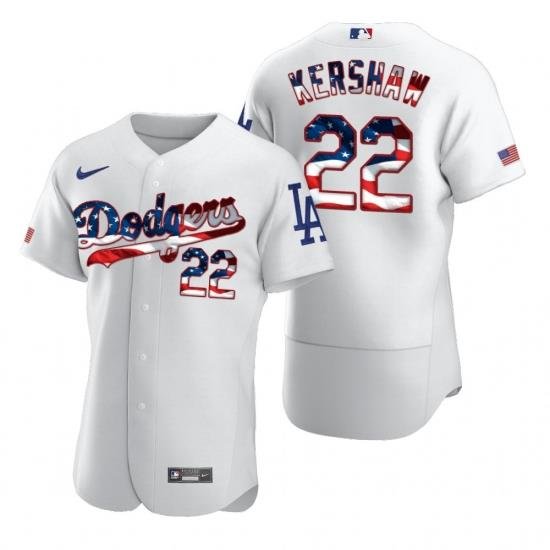 Men Los Angeles Dodgers 22 Clayton KershaW Men Nike White Fluttering USA Flag Limited Edition Flex Base MLB Jersey