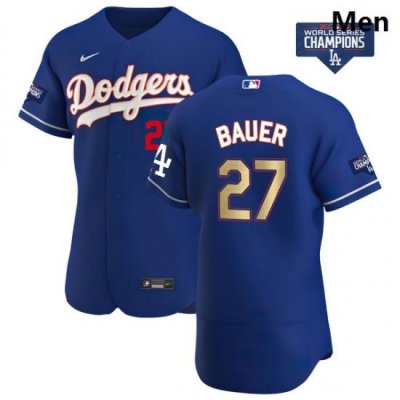 Men Los Angeles Dodgers Trevor Bauer 27 Gold Program Designed Edition Blue Flex Base Stitched Jersey