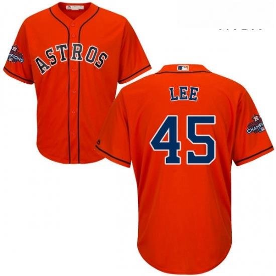 Mens Majestic Houston Astros 45 Carlos Lee Replica Orange Alternate 2017 World Series Champions Cool Base MLB Jersey